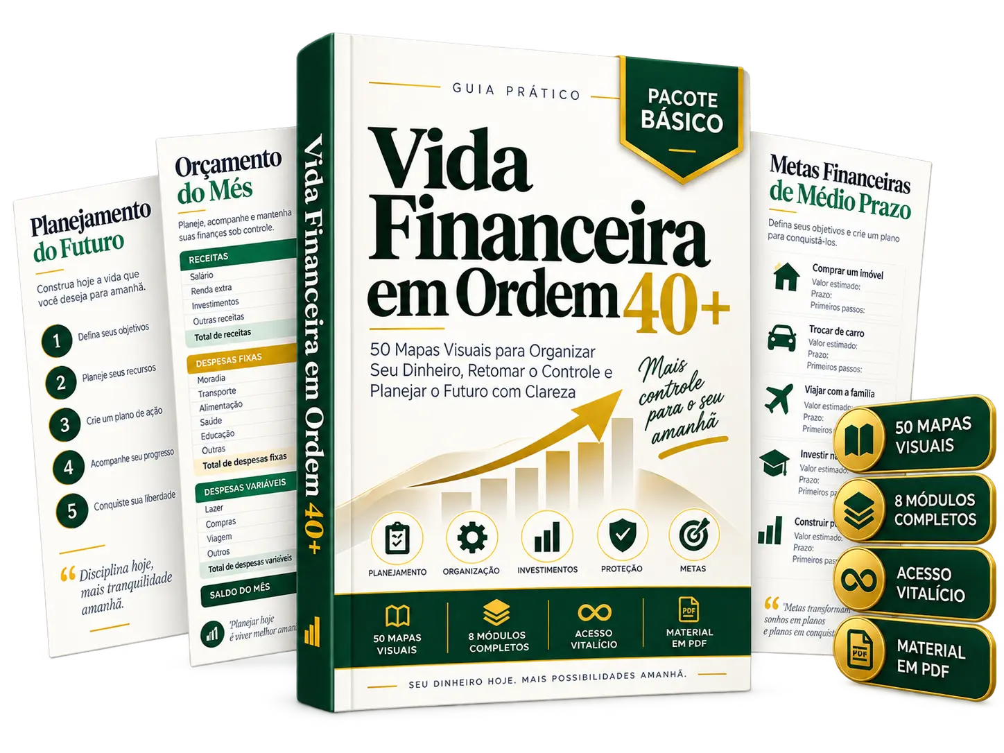 Material Vida Financeira em Ordem 40+ com capa e páginas dos mapas